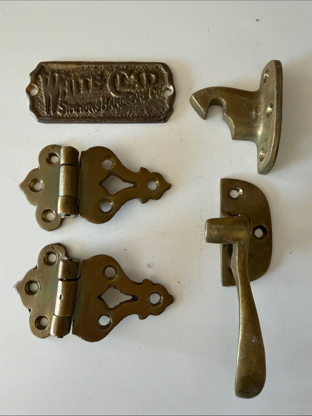 White Clad Brass Cabinet Hardware Set - Vintage-Style Hinges & Latch